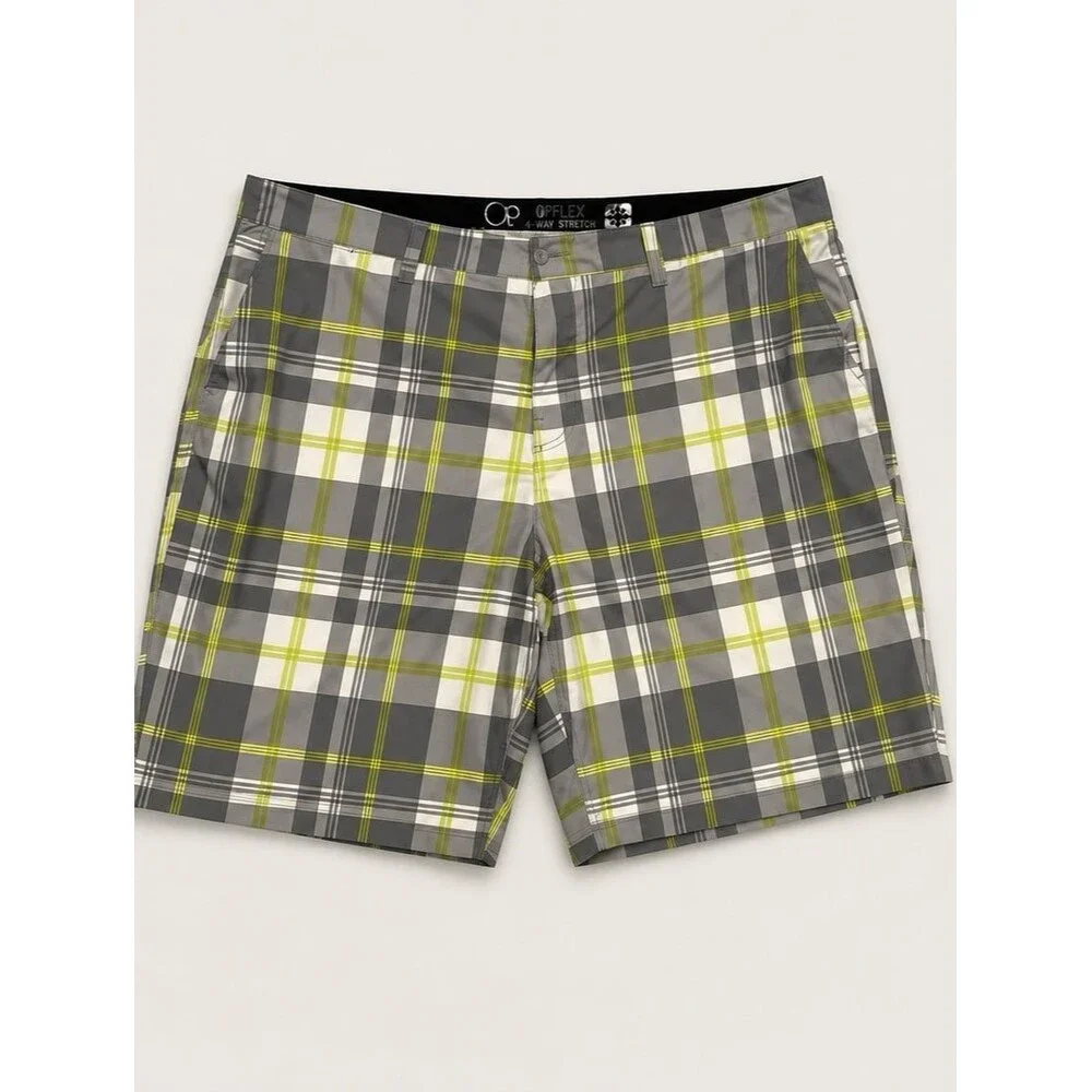 OP Ocean Pacific OPFlex Hybrid Swim Shorts Men’s Size 42 Gray Plaid 4way stretch
